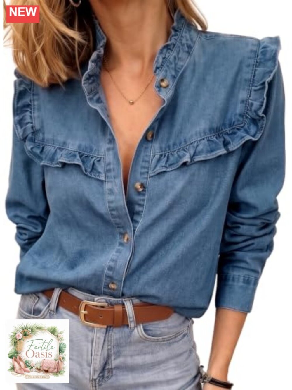 Women's Ruffle Collar Denim Top Button Down Long Sleeve Chambray Shirt